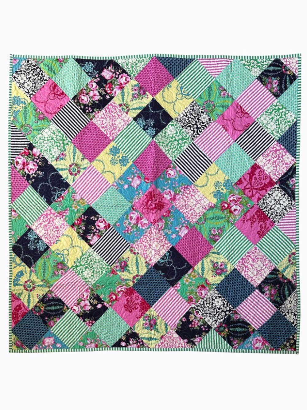Vibrant Patchwork Quilt Throw 53x53 Reversible Pink Floral Geometric Cottagecore - Picture 3 of 10